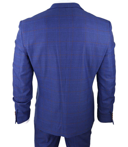 Mens Blue Brown Check 3 Piece Tailored Fit Suit