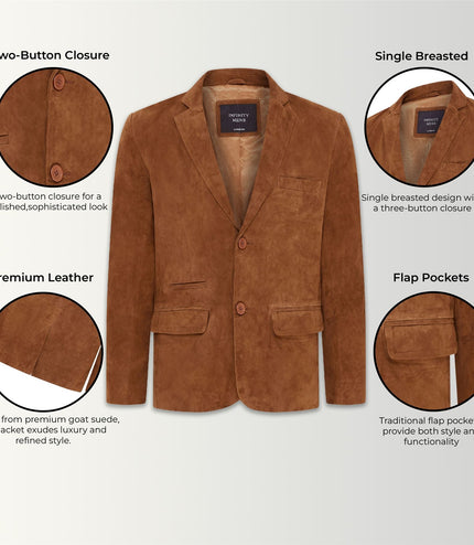 Mens Suede Blazer Jacket Soft Real Italian Leather Fitted Vintage Coat - Tan