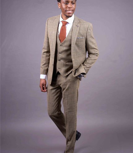 Men's 3-Piece Brown Classic Check Suit Slim Fit Plain Formal Party Suit