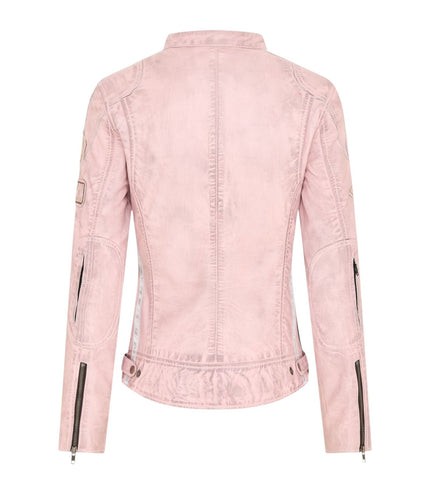 Womens Biker Racing Badges Pink Leather Jacket-Eastleigh