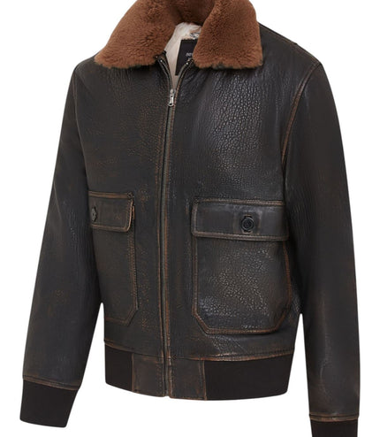 Men's Brown Leather Bomber Sheepskin Collar G-1 Pilot Jacket - Trick