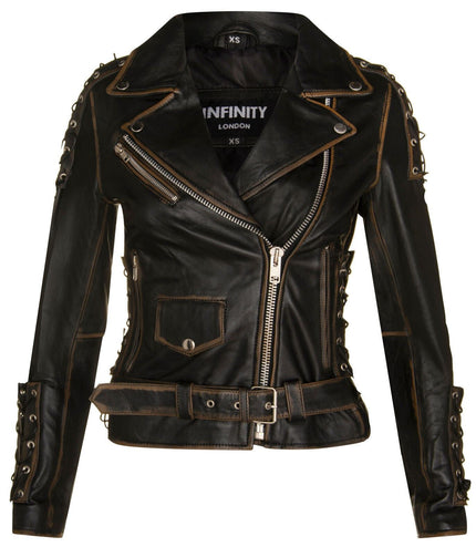 Womens Brando Black Leather Biker Jacket-Bari