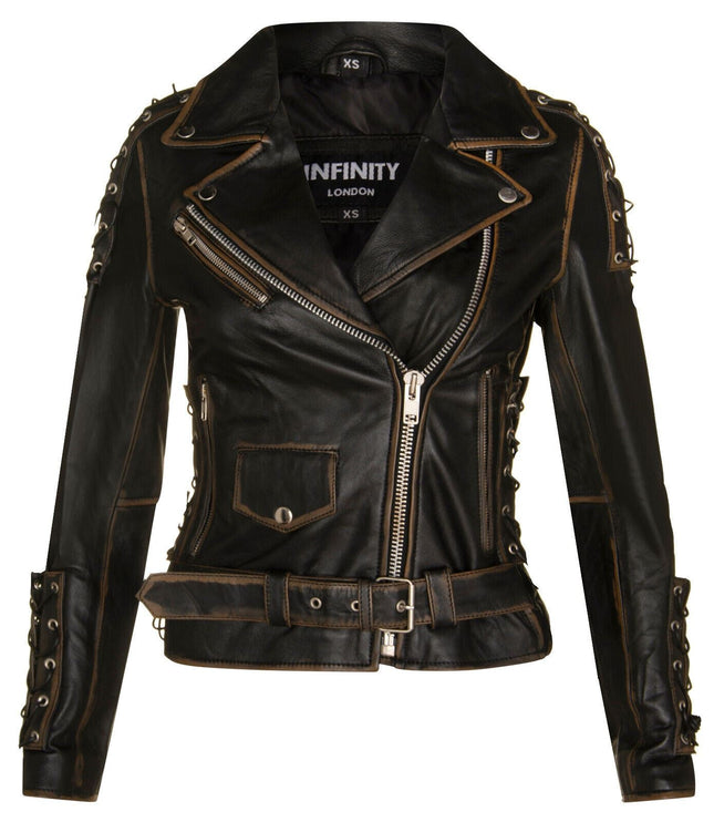 Womens Brando Black Leather Biker Jacket-Bari