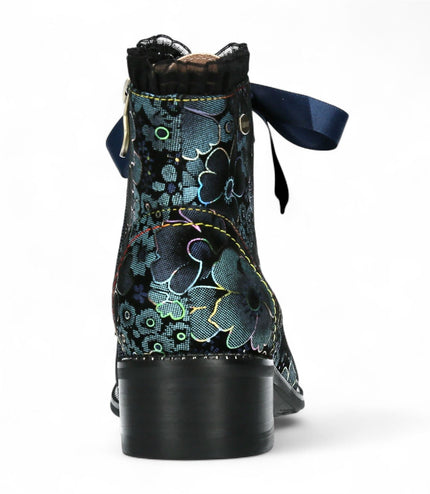 Laura Vita Emcmao-45 Blue Floral Womens Gothic Victorian Leather Ankle Heeled Boots