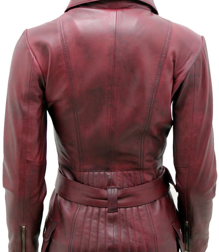Womens Long Leather Biker Jacket-Quito - Burgundy