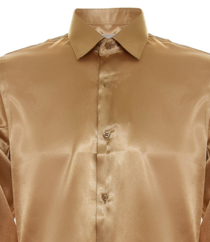 Mens Gold Satin Silk Shirt Smart Casual Button Down Cuff Tailored Fit
