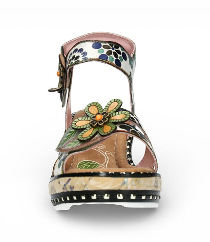 Laura Vita Women's Ballon 08 Beige Floral Leather Wedge Espadrille Sandals