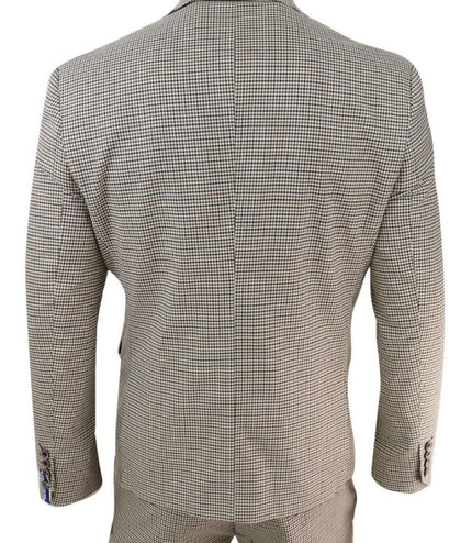 Mens 3 Piece Beige Check Retro Vintage Classic Suit