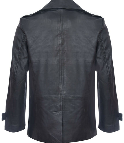 Mens Leather Peacoat-Amara - Black