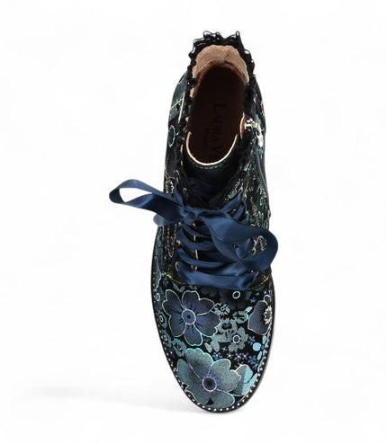 Laura Vita Emcmao-45 Blue Floral Womens Gothic Victorian Leather Ankle Heeled Boots