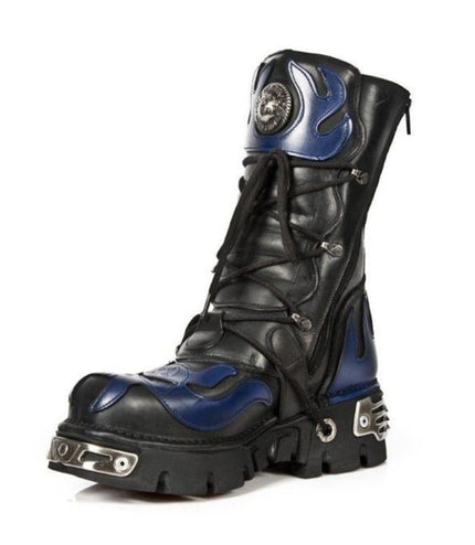 New Rock Unisex Black/Blue Leather Gothic Biker Skull Boots - 107-C5