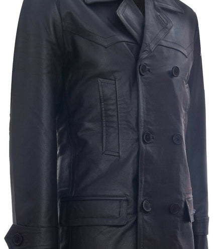 Mens Cowhide Leather Peacoat-Krakaw - Black