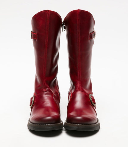 Fly London Womens Red Mes 2 Wedge Heel Buckle Mid-Calf Leather Zip Platform Boots