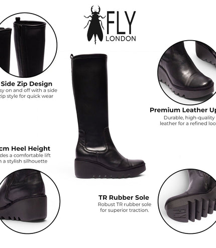 Fly London Womens Black Leather High Wedge Heel Long Boots - BUDI603