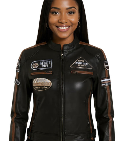 Womens Biker Racing Badges Leather Jacket-Eastleigh - Black
