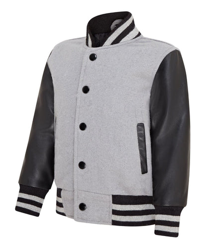 Kids Grey Wool Varsity Bomber Jacket with Real Leather Sleeves