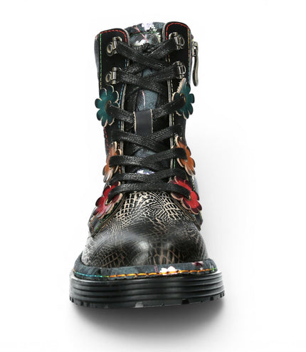 Laura Vita Women's Gothic Victorian Floral Black Leather Lace-Up Boots - Incaso-39