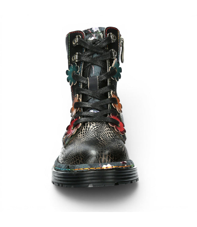 Laura Vita Women's Gothic Victorian Floral Black Leather Lace-Up Boots - Incaso-39