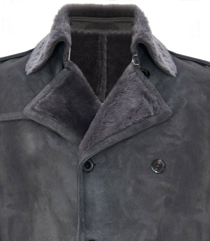 Mens Shearling Sheepskin Suede Pea Coat-Cali - Grey