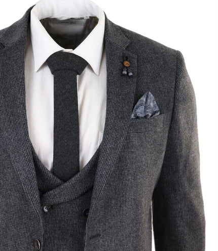 Mens Grey 3 Piece Tweed Suit Vintage Harringbone 1920s Retro Peaky Blinders
