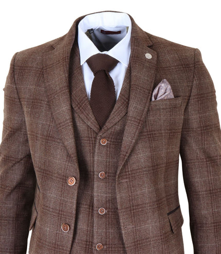 Men's Formal Brown Tweed  3 Piece Check Vintage Gatsby Style Suit