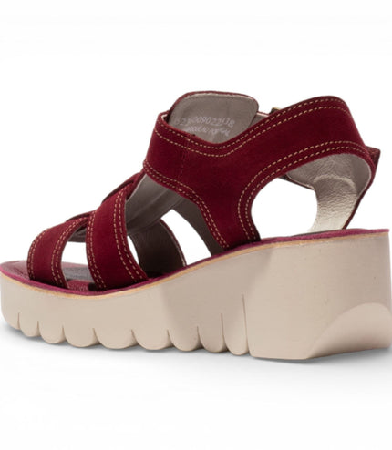 Fly London Women's YUDD236FLY Berry Red Leather Wedge Sandals