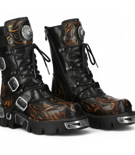 New Rock M-591-C58 Mid-Calf High Black Flame Leather Metallic Gothic Boots