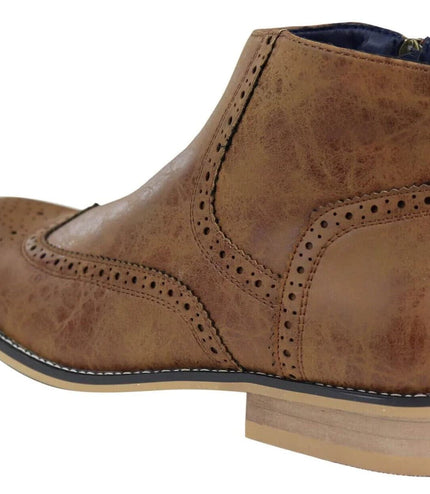 Mens Tan Leather Brogue Zip Up Chelsea Boots