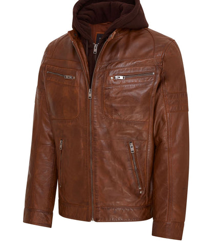 Mens Air Force Hooded Bomber Aviator Real Leather Flight Bomber Jacket - Tan
