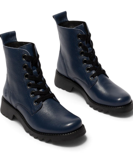 Fly London Womens Navy Blue Leather Lace-Up Heeled Ankle Boots - RAMY488
