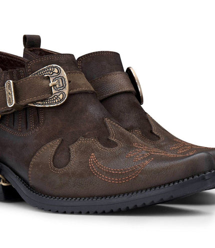 Men's Brown Leather Metal Chain Winklepicker Cowboy Boots