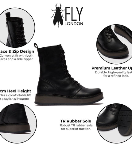 Fly London Womens Black Rami043 Casual Leather Lace-Up Ankle Dress Boots