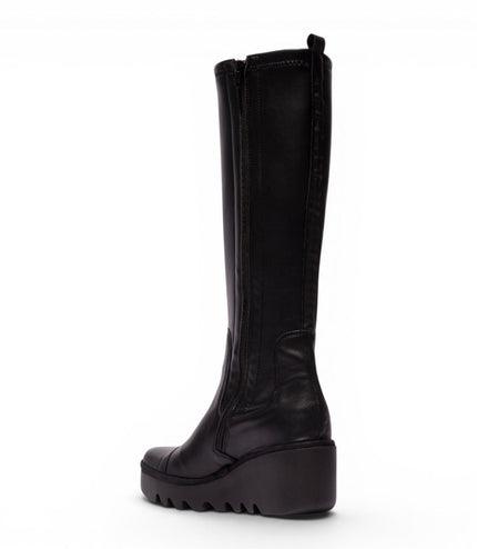 Fly London Womens Black Leather High Wedge Heel Long Boots - BUDI603