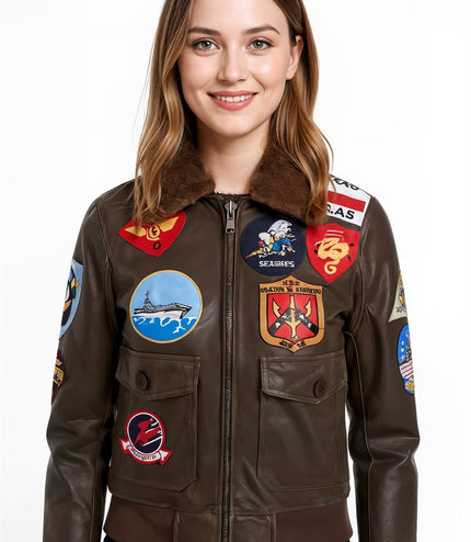 Women's A2 Top Gun Leather Bomber Jacket-Sunbury - Brown