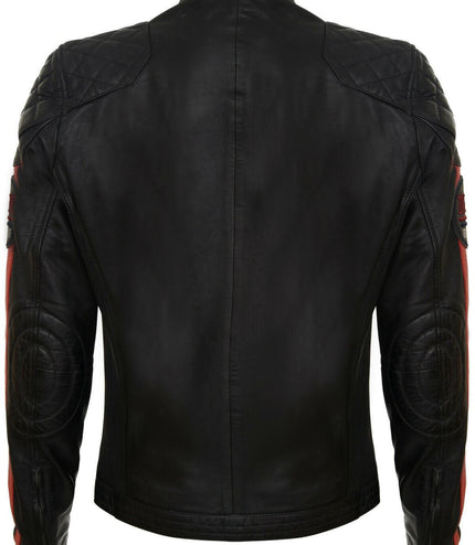Men's Classic Striped Racing Leather Jacket- Barcelona - Black