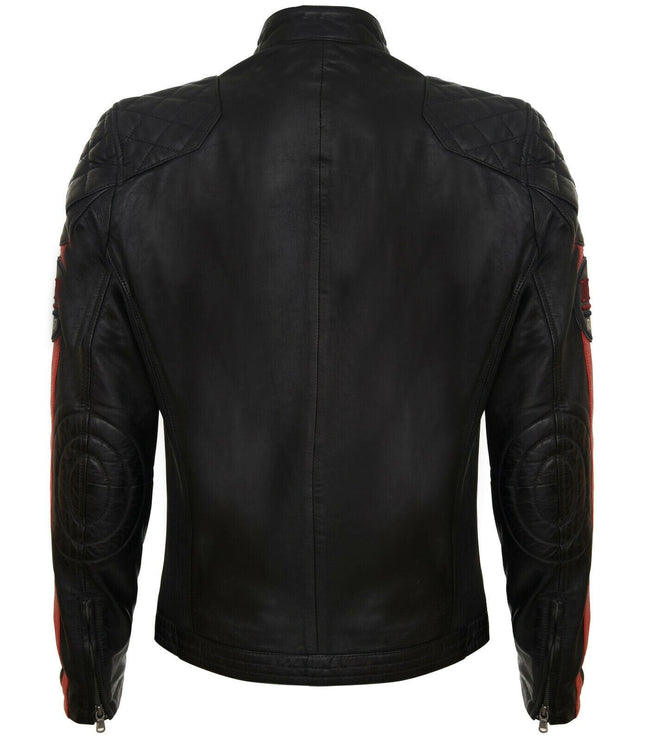Men's Classic Striped Racing Leather Jacket- Barcelona - Black