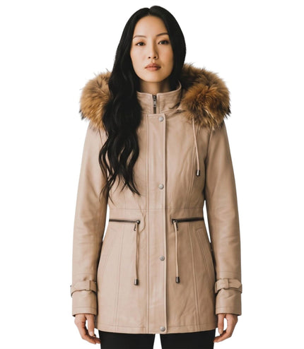 Womens Beige Warm Leather Hooded Parka Jacket-Northwich