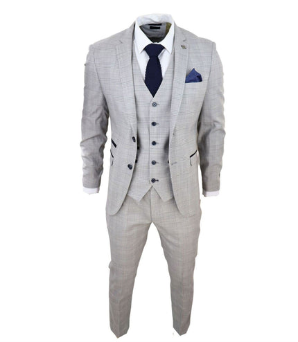 Mens Grey 3 Piece Tan Brown Check Tailored Fit Suit