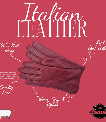 Womens Red Italian Leather Winter Stitch Line Design Soft Wool Lining Gloves - L-GLV-301