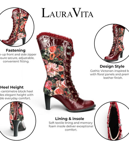 Laura Vita Floral Womens Goth Victorian Red Leather Heeled High Boots - Alcbane-351