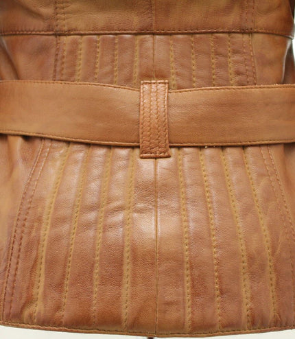 Womens Long Leather Biker Jacket-Quito - Tan