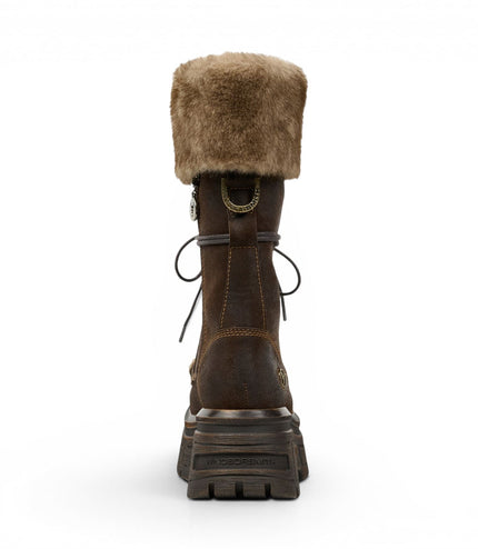 Windsorsmith Women's Brown Suede Leather Platform Combat Fur Boots - Saintly