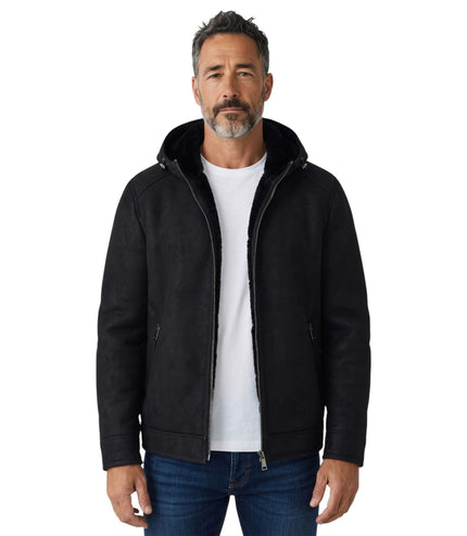 Mens Black Sheepksin Hooded Shearling Bomber Jacket - Benalla