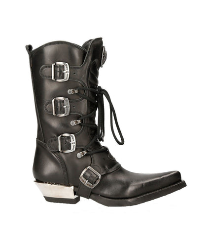 New Rock Black Leather Cowboy Buckle Boots- M-7993-S1