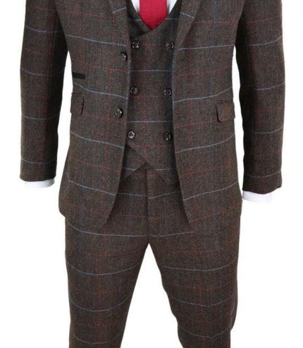 Mens 3 Piece Dark Brown Check Tweed Herringbone Vintage Classic Suit