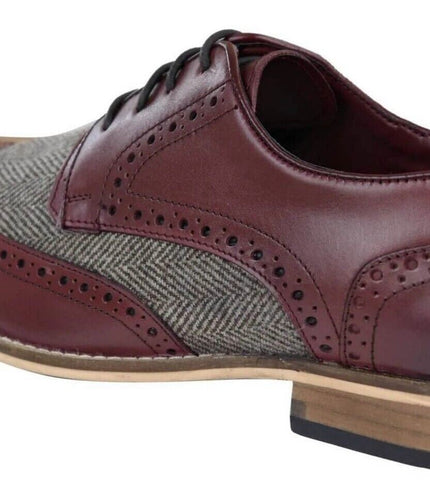 Mens Classic Oxford Tweed Brogue Derby Shoes In Burgundy Leather