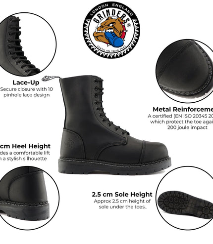 Grinders Unisex Black Stag Acs Leather Steel Toe Cap Lace Up Boots