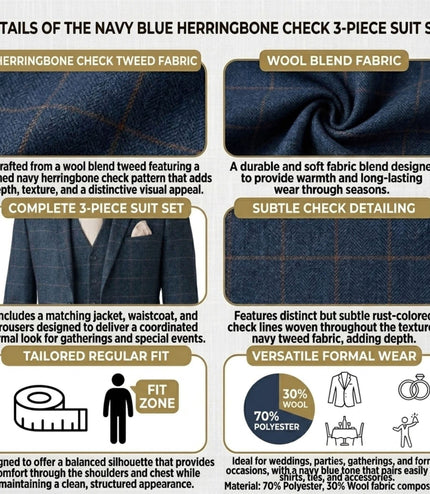 Men's Navy 3 Piece Wool Blend Tweed Suit - Harris