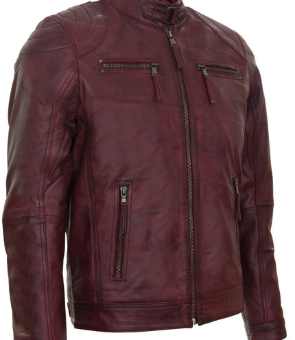 Mens Moto Leather Biker Jacket-Taiwan - Burgundy
