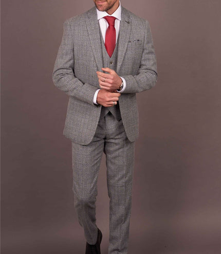 Men's 3-Piece Grey Classic Check Suit Slim Fit Plain Formal Party Suit